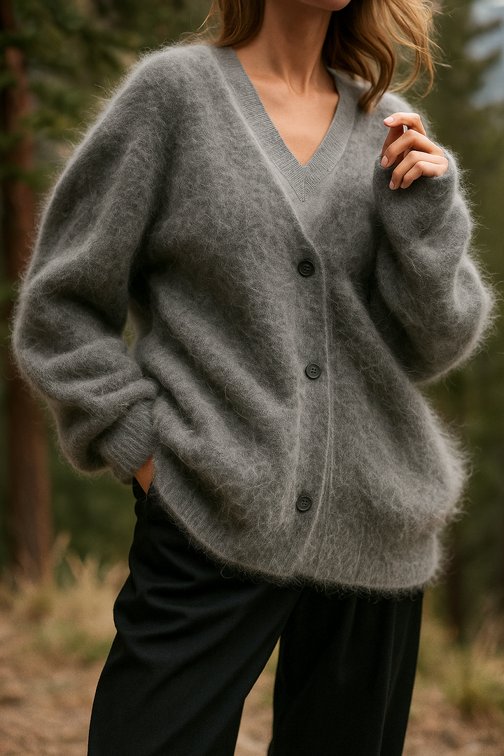 Close-up of the relaxed collar of the women's cozy knit oversized sweater, comfortable fit
