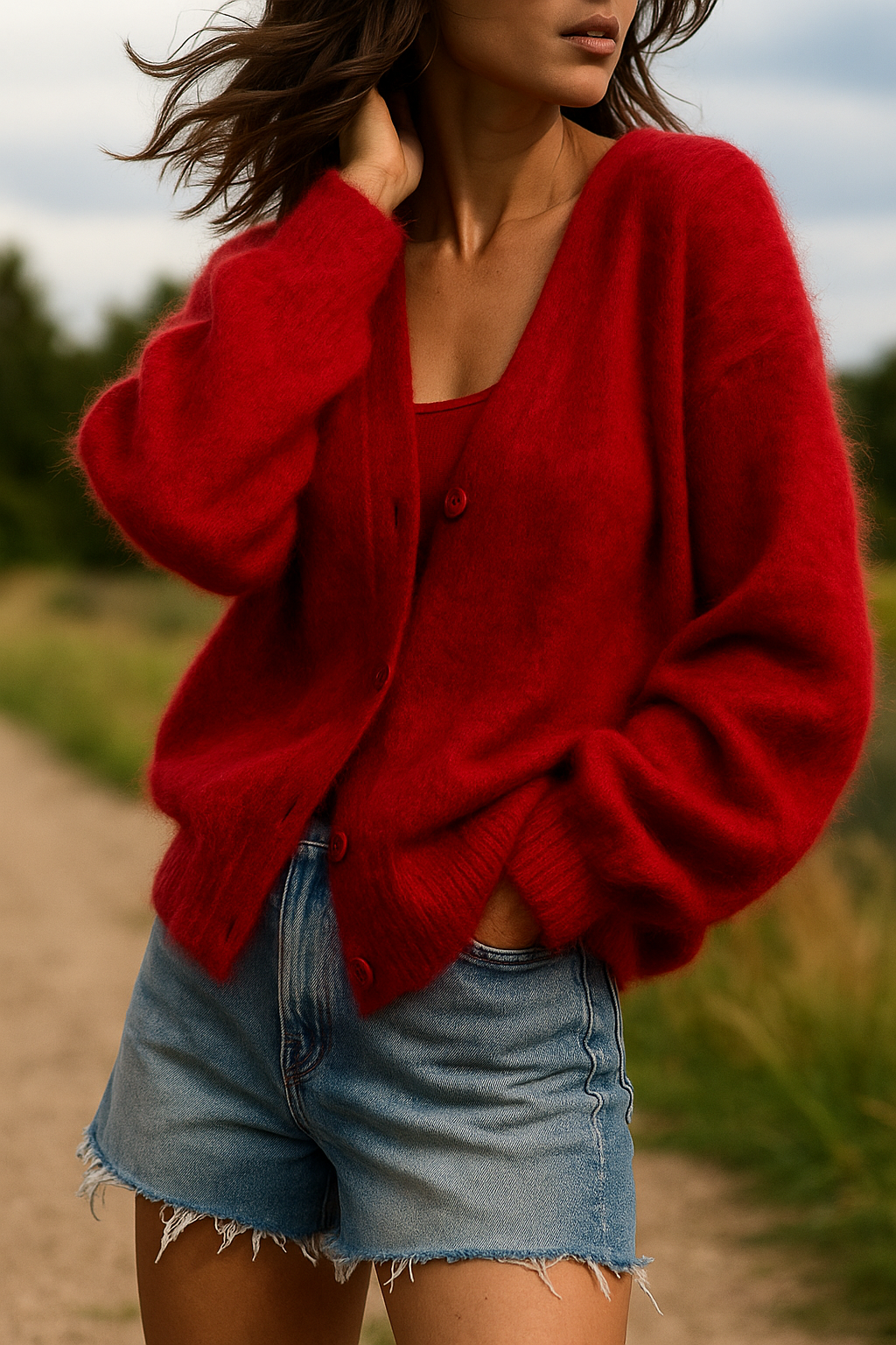 Model demonstrating the loose, comfortable fit of the women's oversized cardigan
