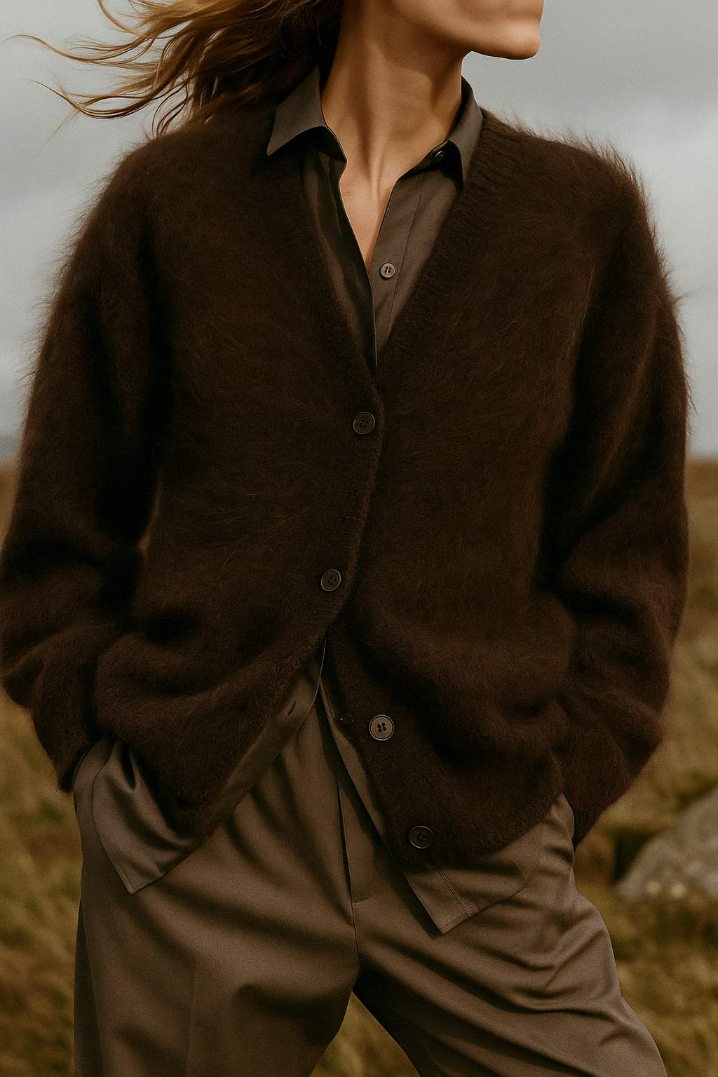 Arrangement of accessories with a women's cozy knit oversized cardigan, suggesting styling