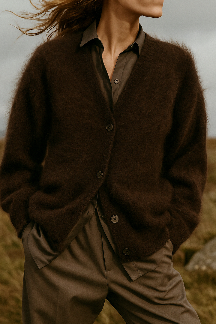 Arrangement of accessories with a women's cozy knit oversized cardigan, suggesting styling
