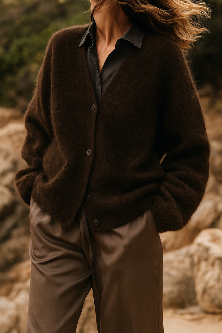 Woman enjoying a hot drink in a soft women's oversized cardigan, portraying warmth