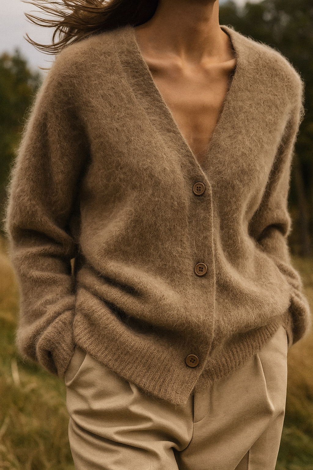 Detailed view of the generous sleeve length on the women's cozy knit oversized cardigan