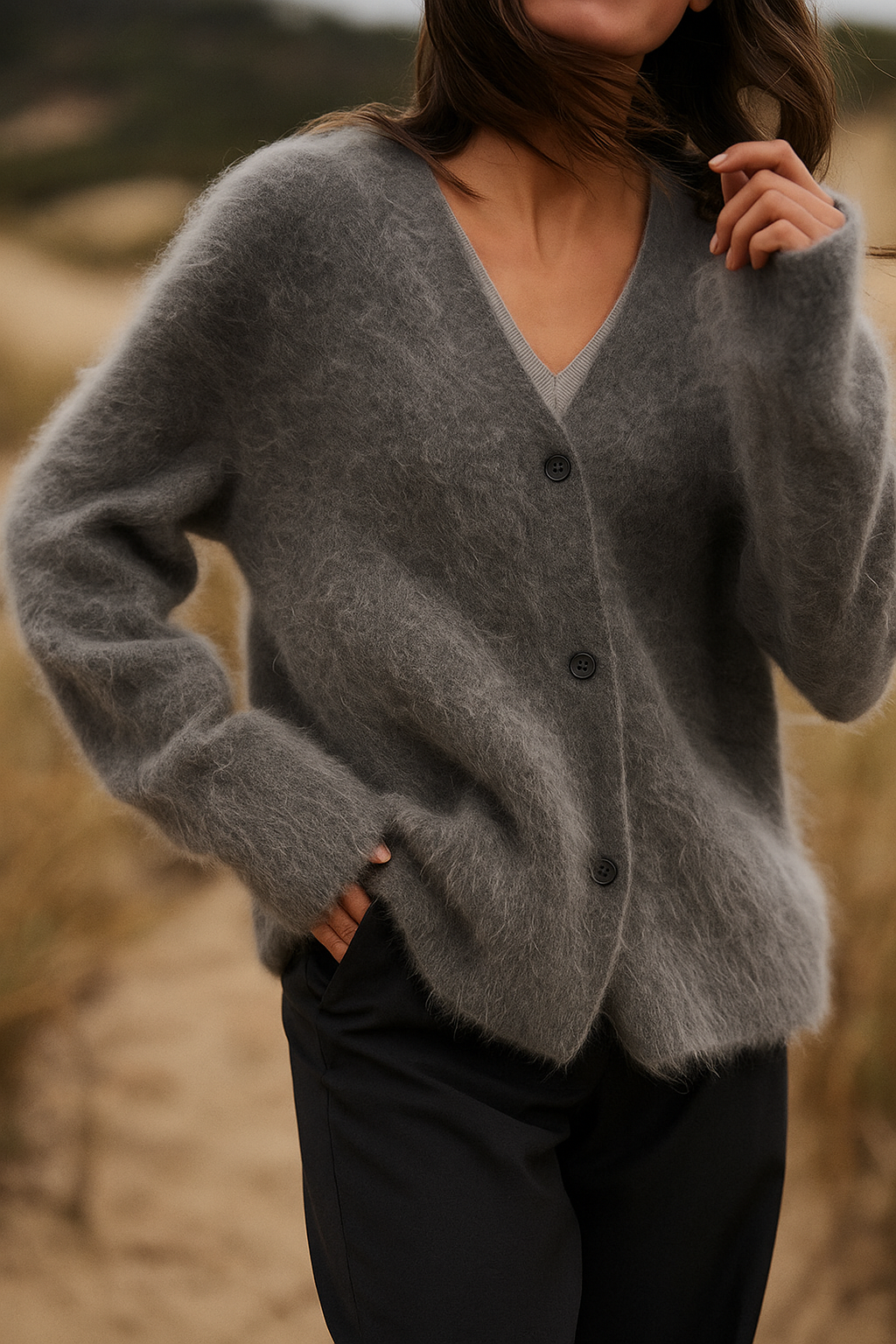 Model showcasing the versatility of the women's oversized cardigan for various body types