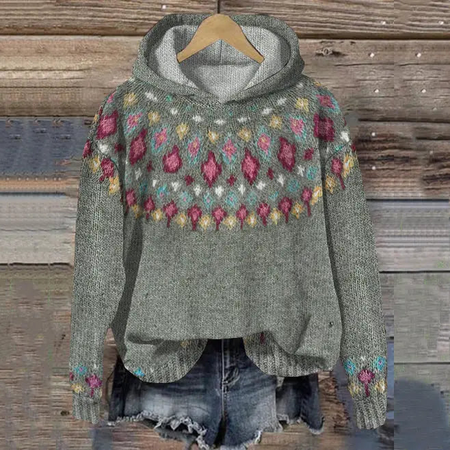 Women's cozy Nordic pattern hoodie. Stylish, warm, relaxed fit for winter fashion & everyday comfort.