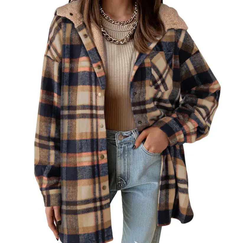 Fashionable women's plaid hooded shacket, a cozy teddy layering piece for fall and winter style.