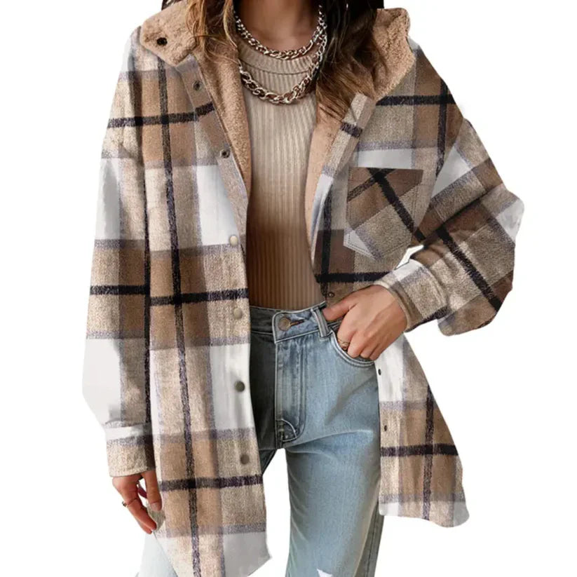 Comfortable women's button-up shacket, featuring cozy teddy plaid and a stylish hood for warmth.