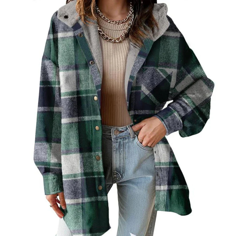 Stylish women's hooded plaid shacket, teddy bear cozy and perfect for autumnal casual wear.