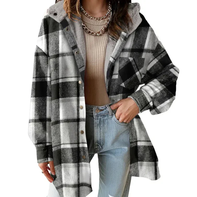 Versatile women's teddy plaid shacket, an oversized hooded jacket for cozy fall and winter outfits.