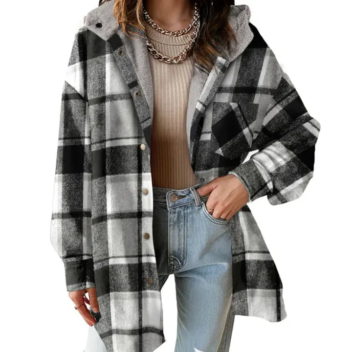 Versatile women's teddy plaid shacket, an oversized hooded jacket for cozy fall and winter outfits.