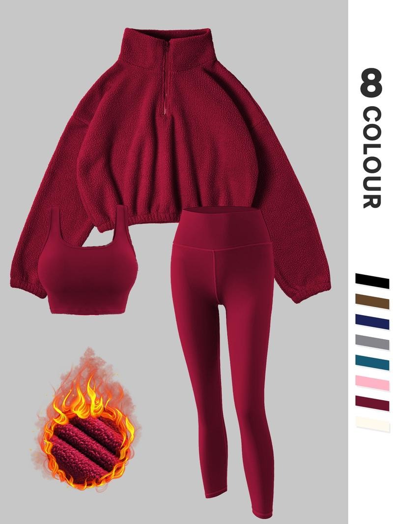 Stylish women's grey fleece pullover and matching leggings outfit, a comfortable athleisure choice