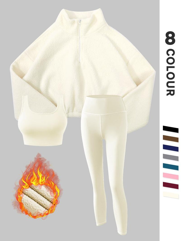 Model wearing a complete women's thermal fleece loungewear set, showcasing fit and cozy style