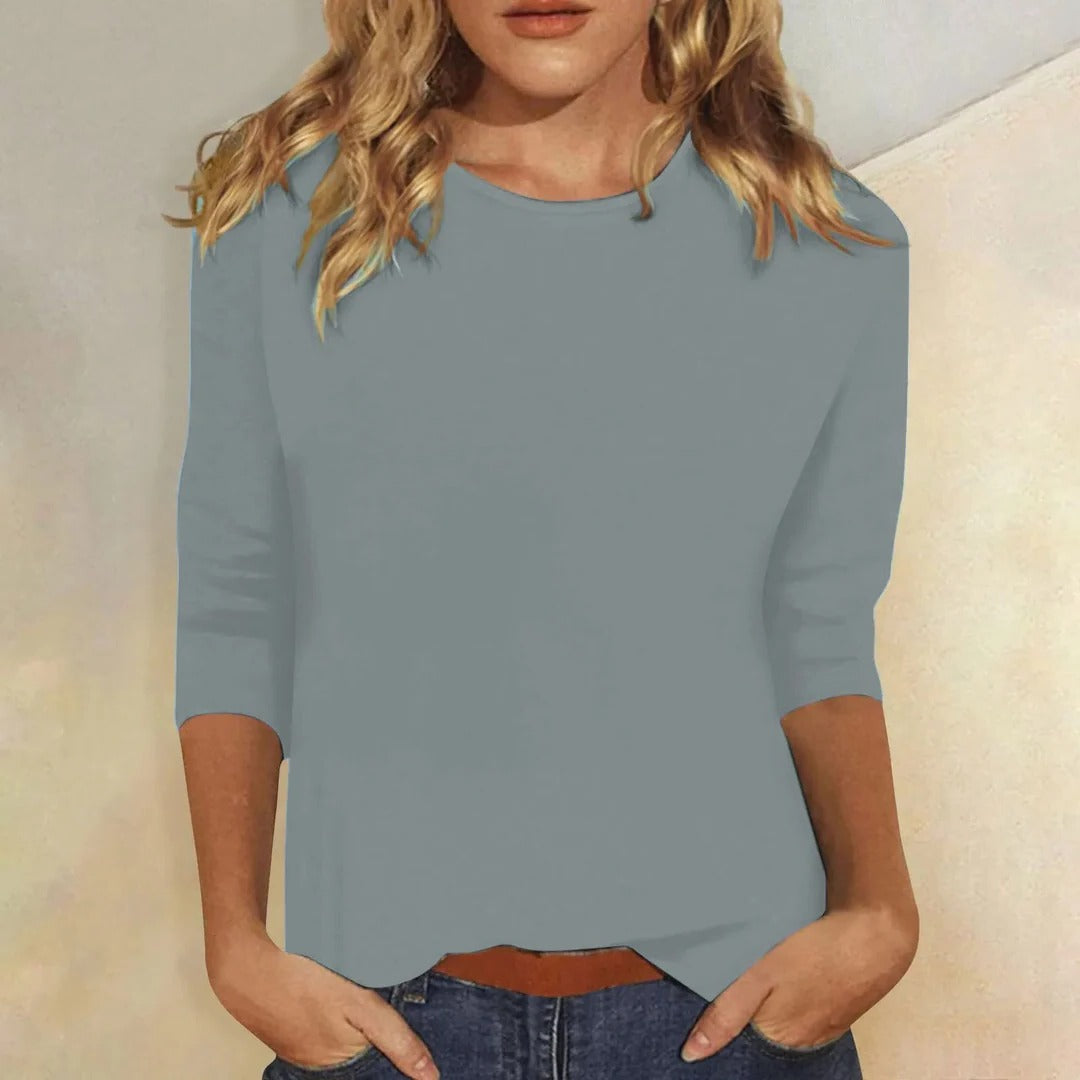 Relaxed fit women's crew neck 3/4 sleeve top, ideal for comfortable casual and everyday wear.