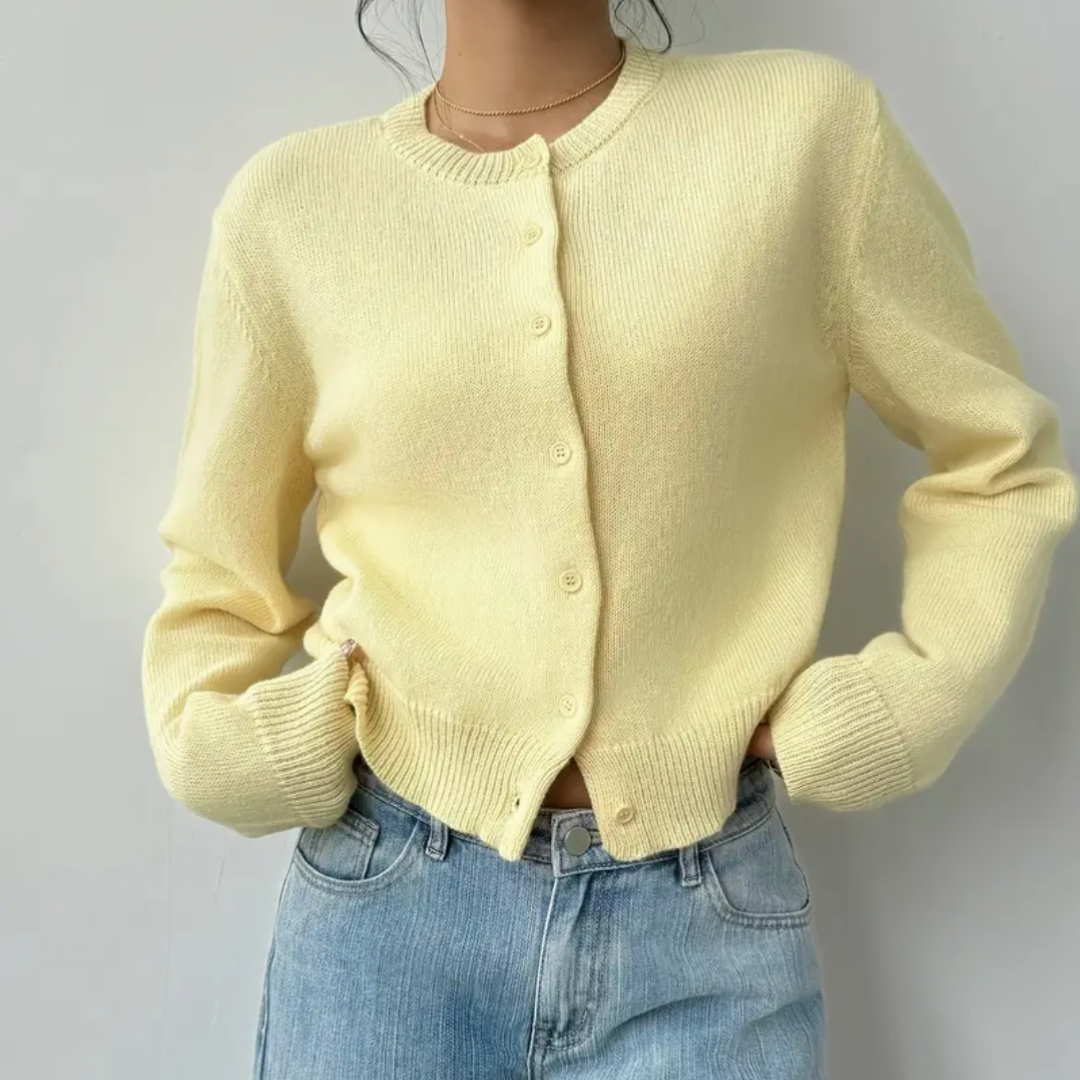 Women's casual cropped button cardigan, made from high-quality knitted fabric for comfort.