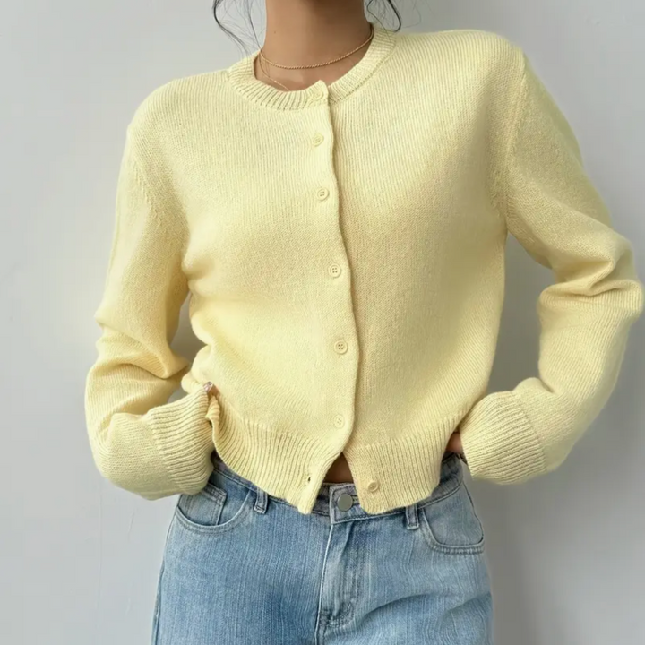 Women's casual cropped button cardigan, made from high-quality knitted fabric for comfort.