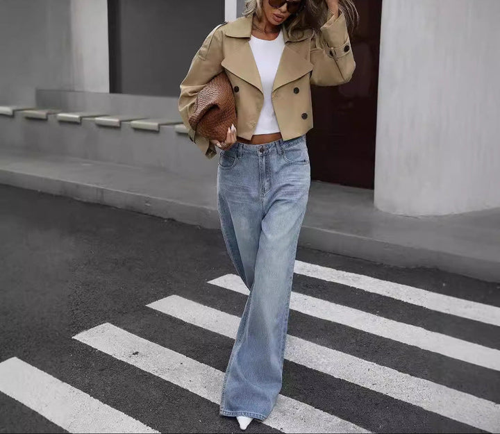 Women's cropped double-breasted trench jacket in khaki; chic spring/fall outerwear