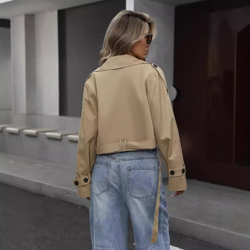 Stylish women's khaki cropped trench jacket, double-breasted design for versatile fashion