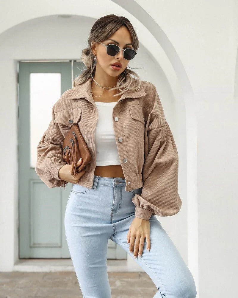 Amira women's cropped puffed sleeve denim jacket, button-front, stylish and versatile summer outerwear.
