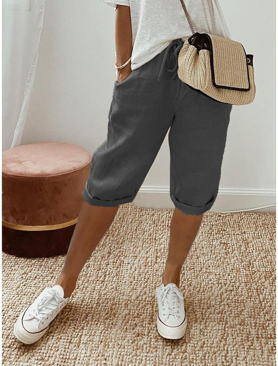 Versatile women's pull-on straight leg shorts, cropped length. Ideal for everyday casual summer wear and fashion.
