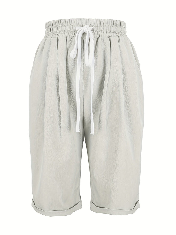 Casual women's pull-on shorts, cropped straight leg. Comfortable elastic waist for relaxed everyday and summer wear.