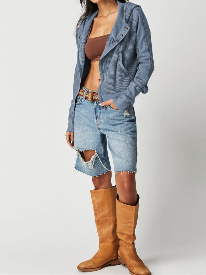 Women's cropped waffle-knit zip hoodie in a pastel pink, soft and stylish apparel