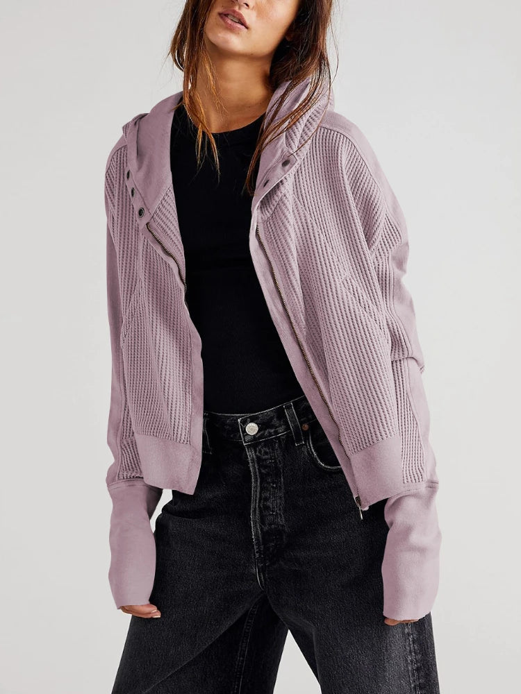 Women's comfy cropped waffle-knit zip hoodie, perfect for relaxed weekends, cotton