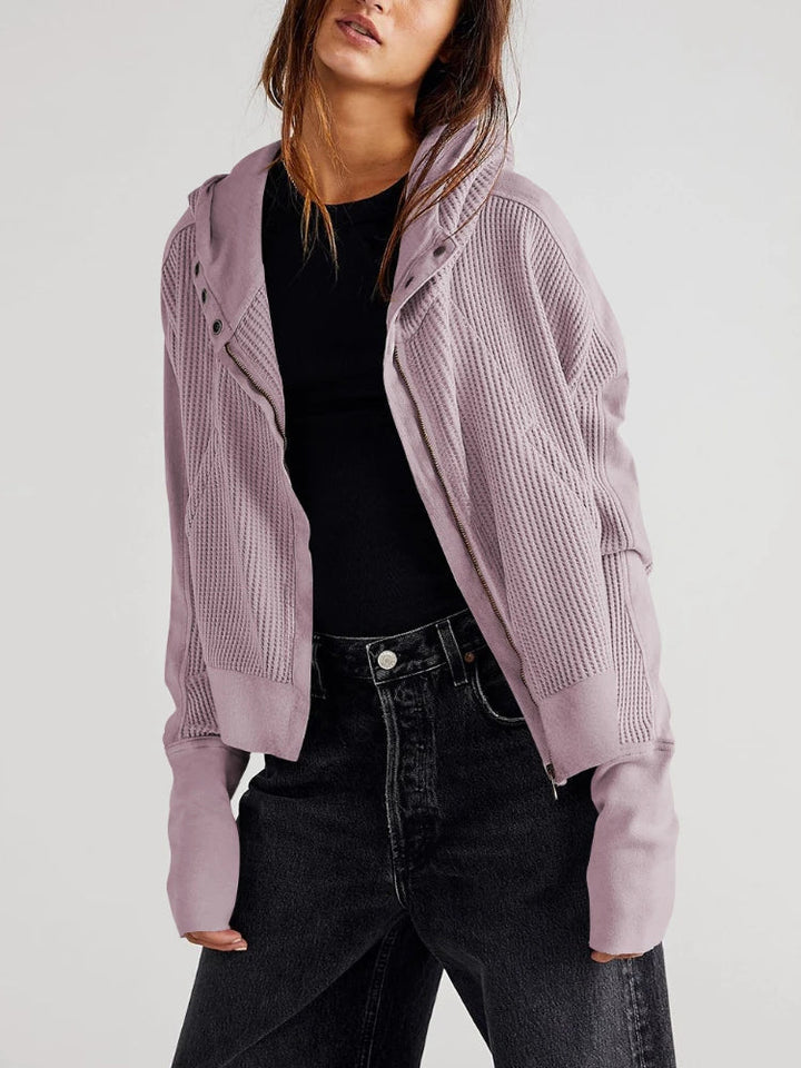 Women's comfy cropped waffle-knit zip hoodie, perfect for relaxed weekends, cotton