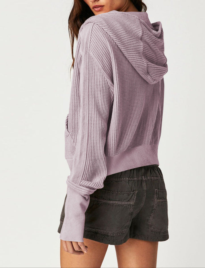 Women's cropped waffle-knit zip hoodie in a deep forest green, natural casual wear