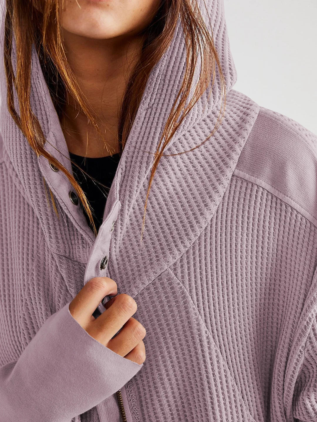 Group photo of diverse women wearing cropped waffle-knit zip hoodies, popular style