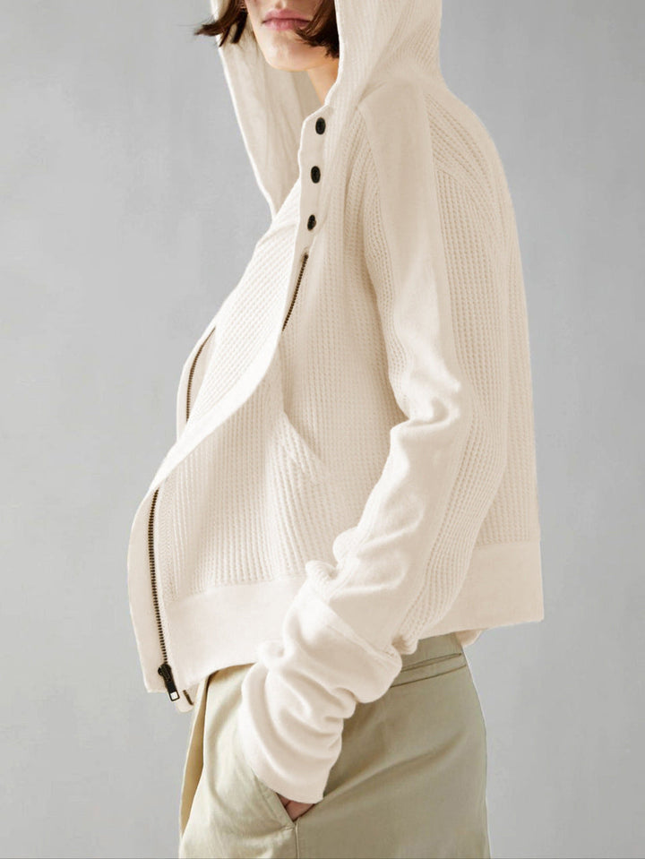 Women's versatile cropped waffle-knit zip hoodie, suitable for various casual outfits