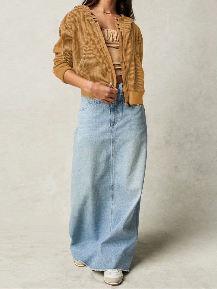 Women's cropped waffle-knit zip hoodie in a warm beige, earthy tone, cotton comfort