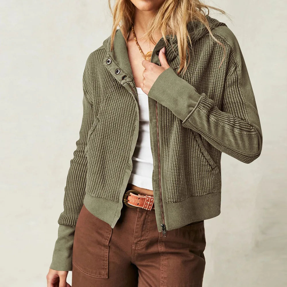 Hood detail of women's waffle-knit cropped hoodie, relaxed and stylish loungewear