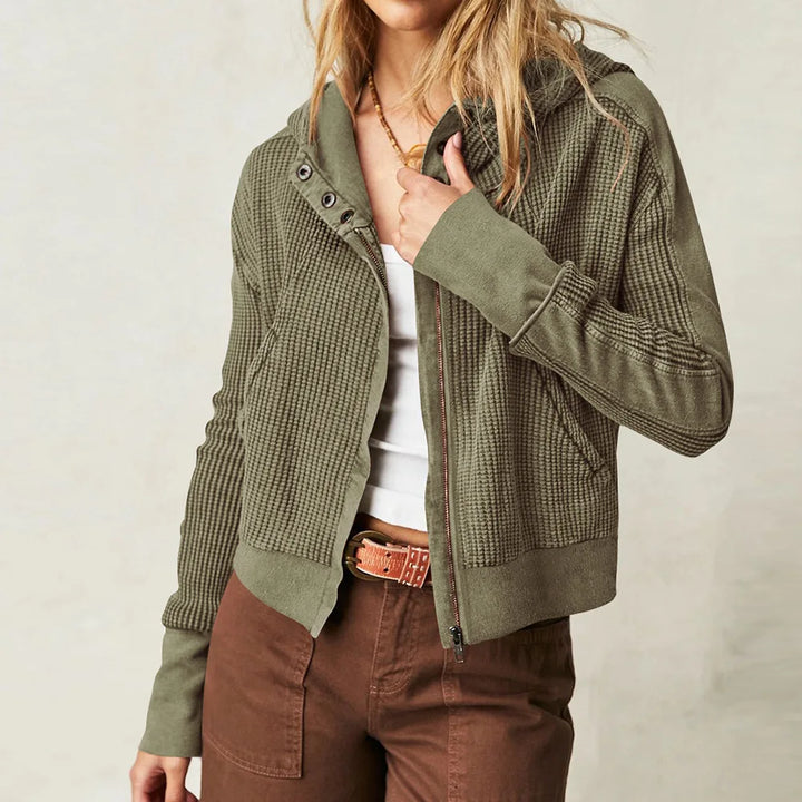 Hood detail of women's waffle-knit cropped hoodie, relaxed and stylish loungewear