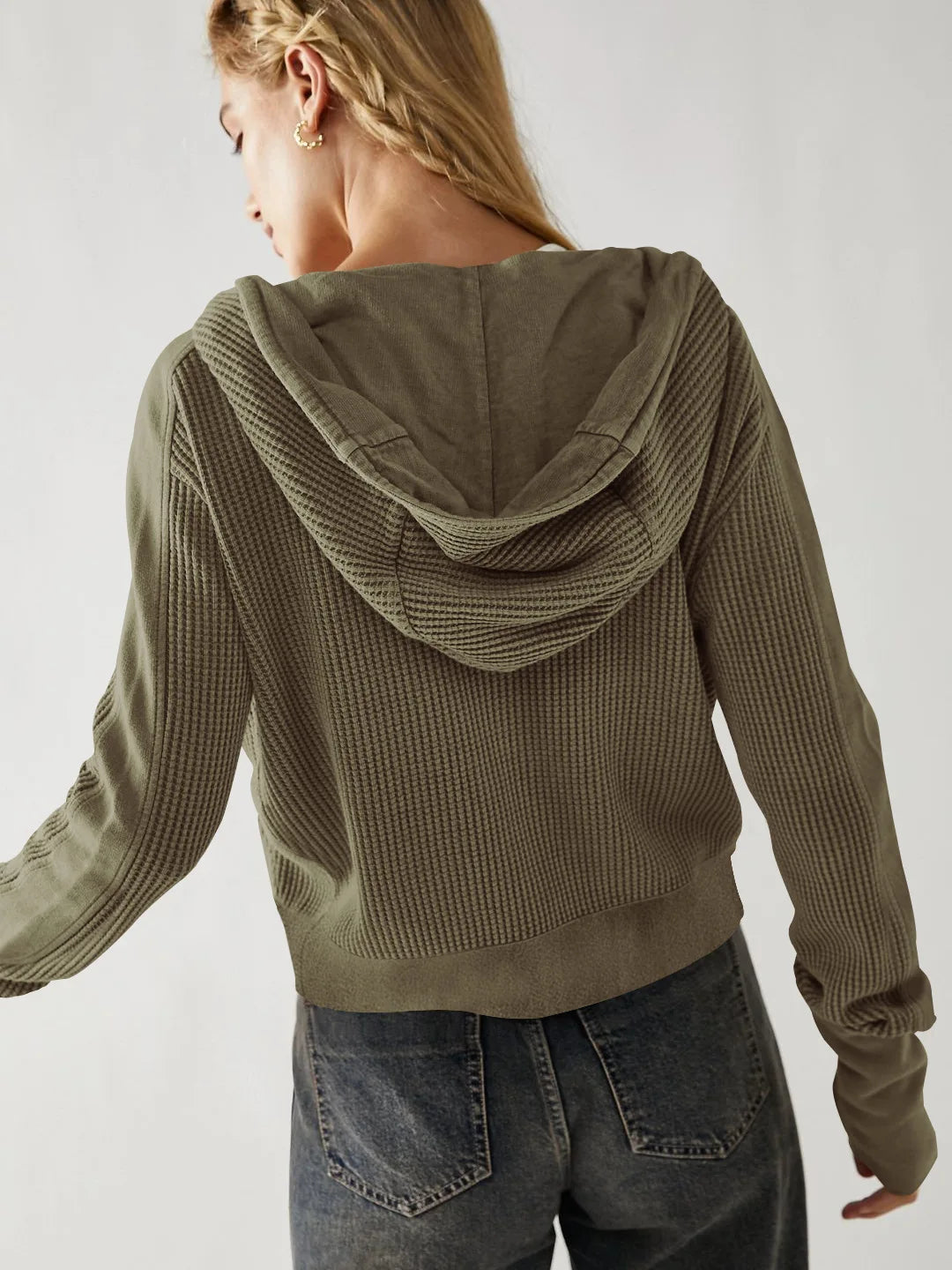 Women's cropped waffle-knit zip hoodie in white, a clean and comfy cotton option