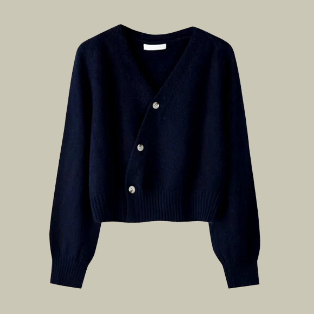 Soft knitted merino wool sweater for women, elegant v-neck design and cross button front