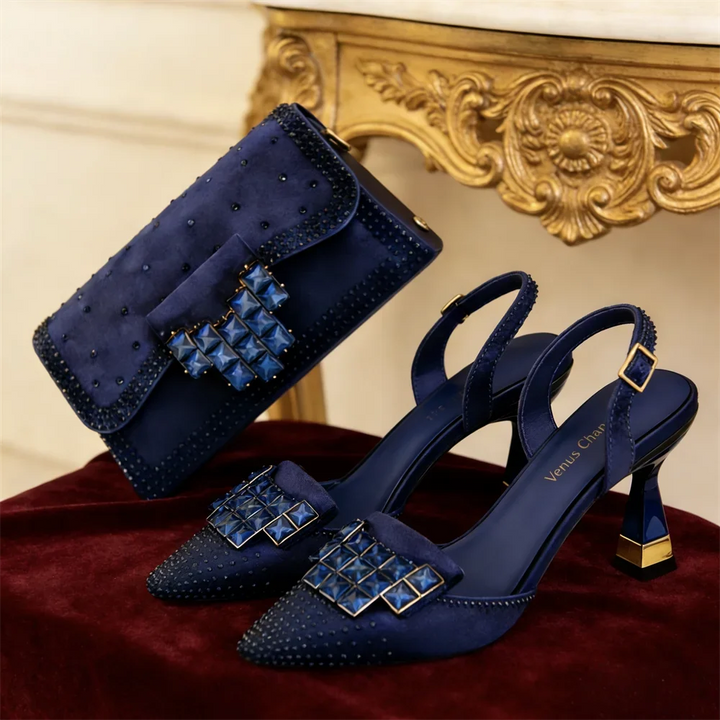 Women's crystal embellished pointed toe pumps & matching clutch bag for elegant evening wear.