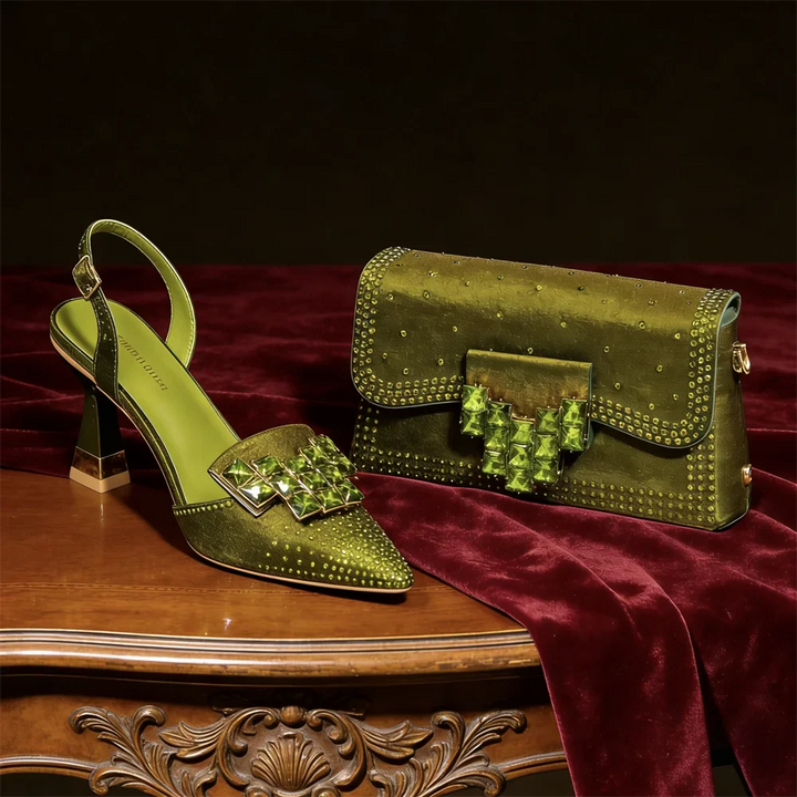 Elegant women's crystal embellished pointed toe pumps, part of a stunning formal evening set.