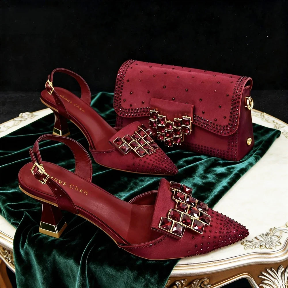 Stylish crystal embellished clutch bag paired with matching pointed toe high heels for parties.