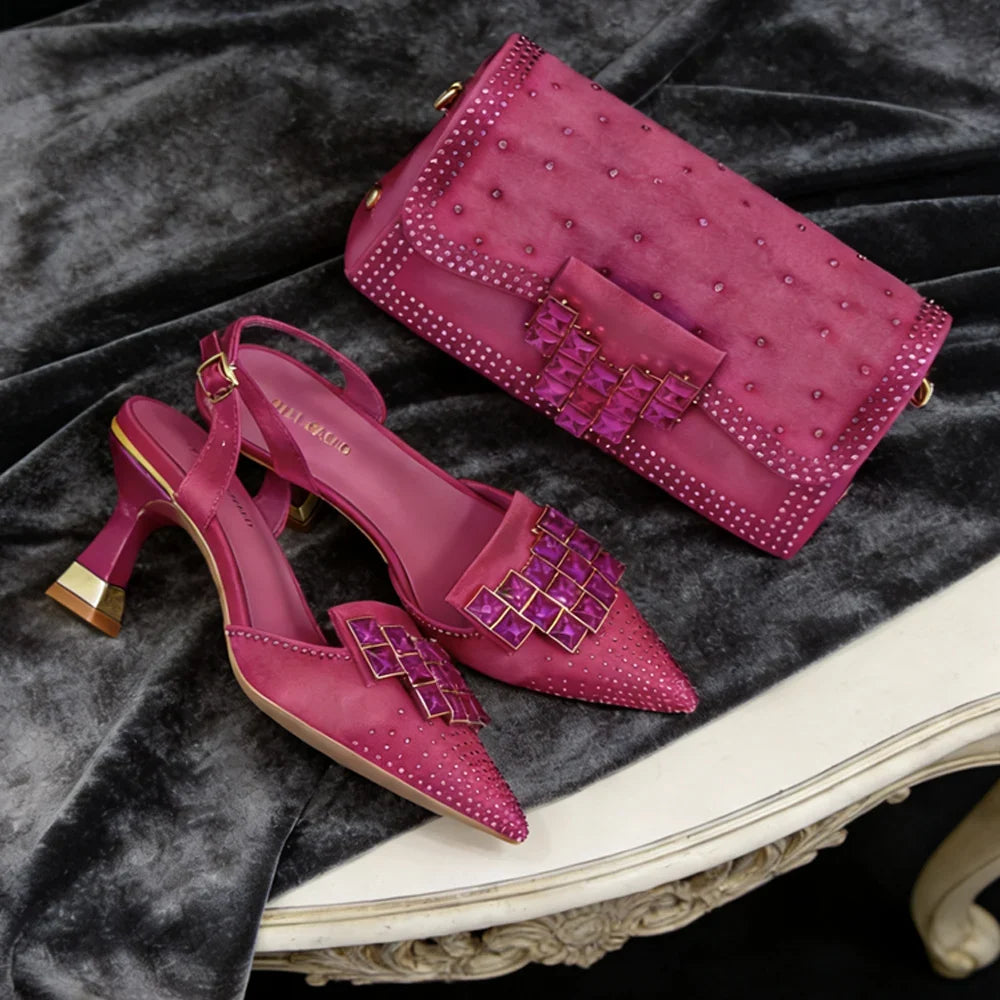 Coordinated crystal embellished pointed toe pumps and clutch, sophisticated women's dress shoes.