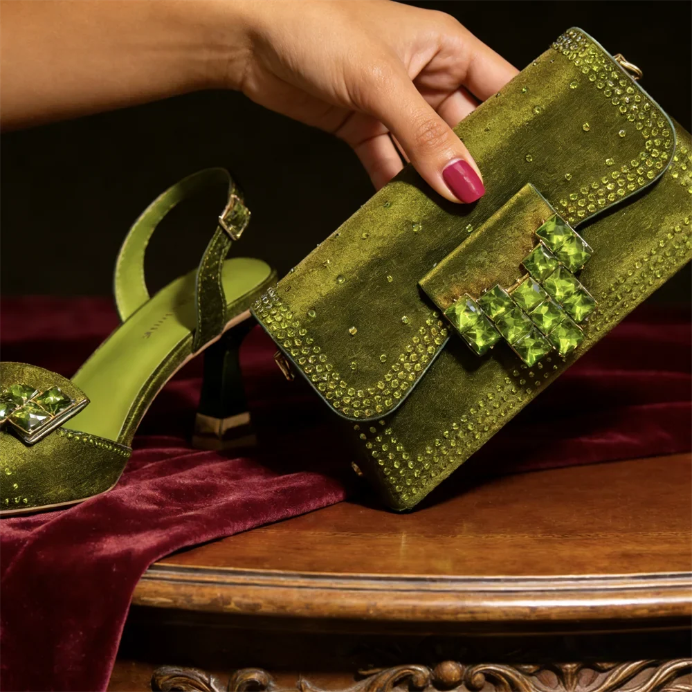 Glamorous women's pointed toe pumps & clutch set, featuring sparkling crystal embellishments.