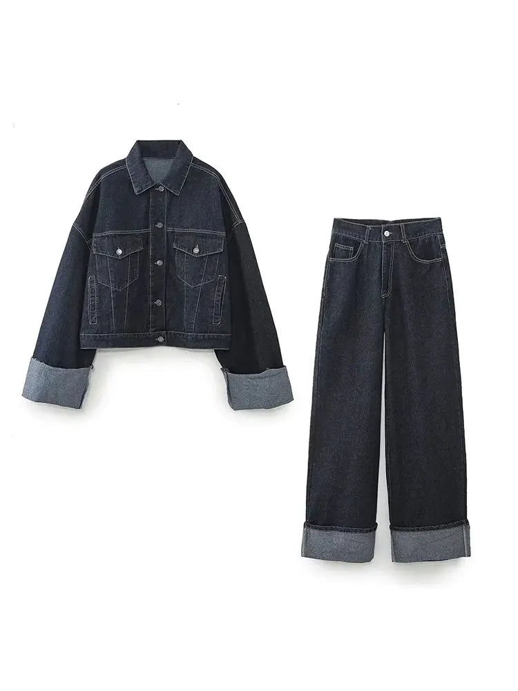 Full shot of the women's denim two-piece: a fashionable cropped jacket and pants outfit