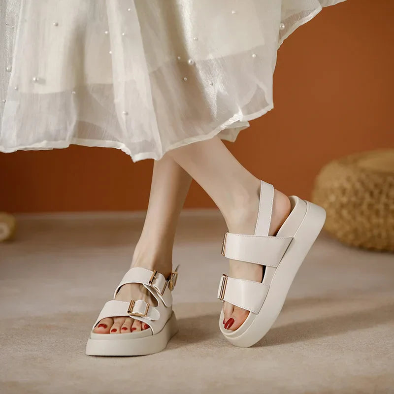 Black platform sandals for women, featuring a comfortable design and adjustable double buckles