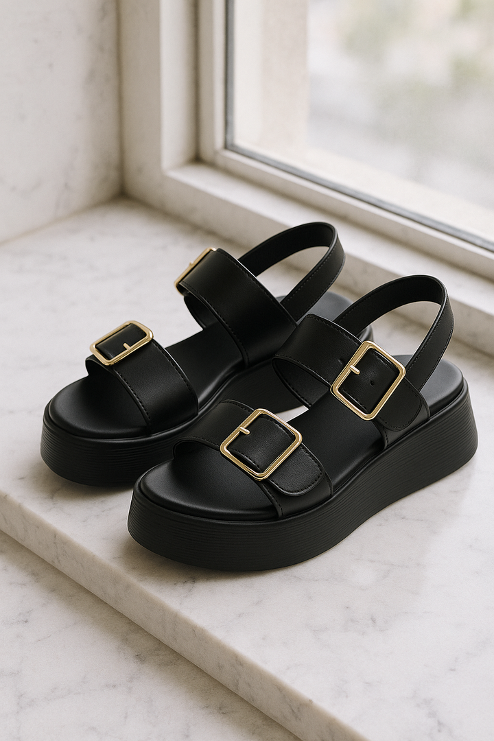 Detailed shot of the textured platform sole on women's vegan leather sandals