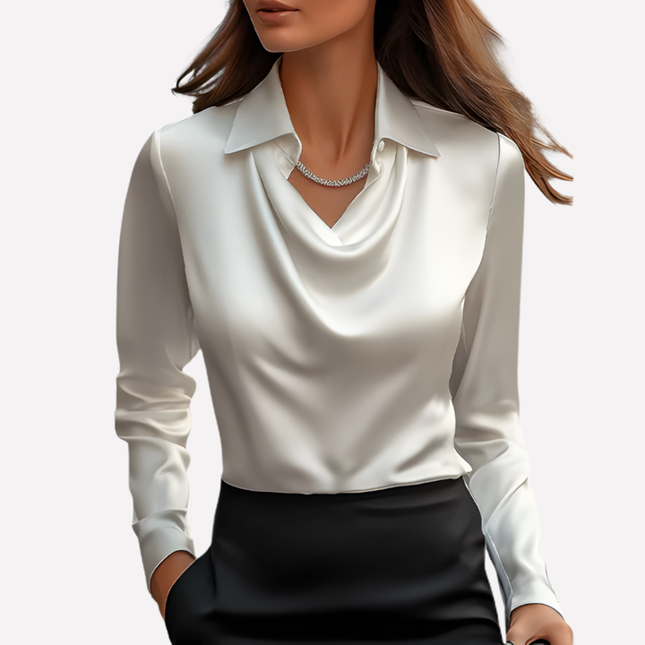 Women's draped collar long sleeve blouse, elegant & chic, perfect for office or evening wear.