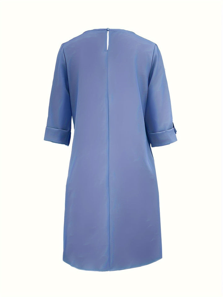 Professional women's work dress, three-quarter sleeve, rounded neck for comfort & style.