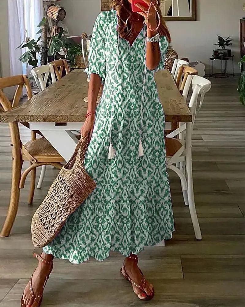 Bohemian style women's v-neck dress, relaxed A-line fit with elegant geometric print, a versatile long sleeve summer dress.