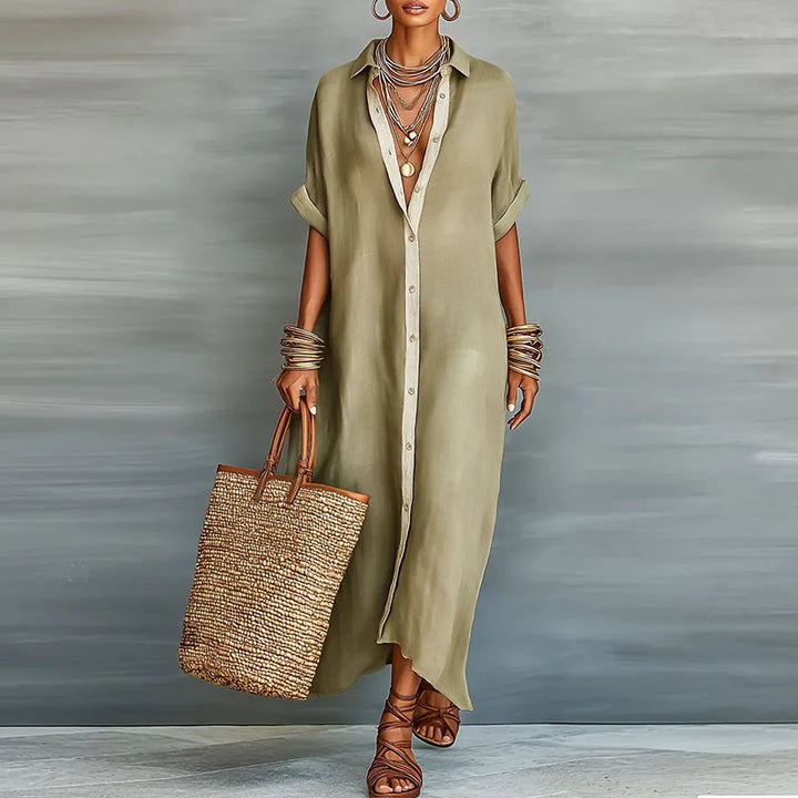 Women's effortless button-down maxi shirt dress, perfect for versatile casual and elegant spring/summer style.
