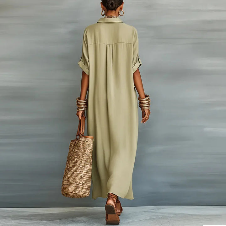Versatile women's maxi shirt dress, button-down design for effortless day-to-night elegance and casual summer fashion.