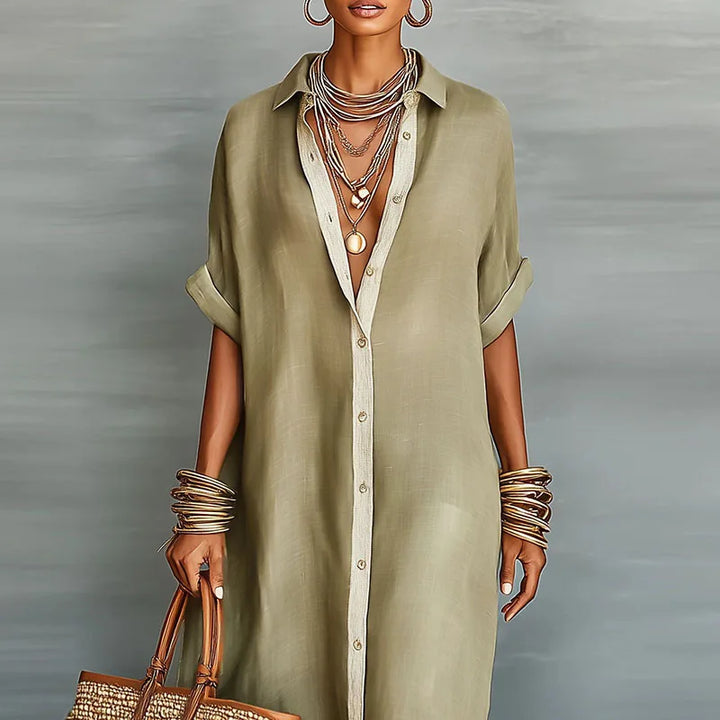 Flowy women's button-down maxi dress, comfortable and elegant for spring and summer casual wear. Perfect day dress.