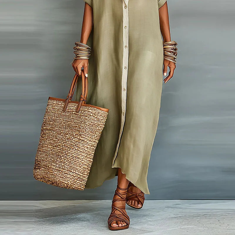 Elegant women's long button-down shirt dress, a maxi style for effortless spring-summer fashion. Versatile and chic.