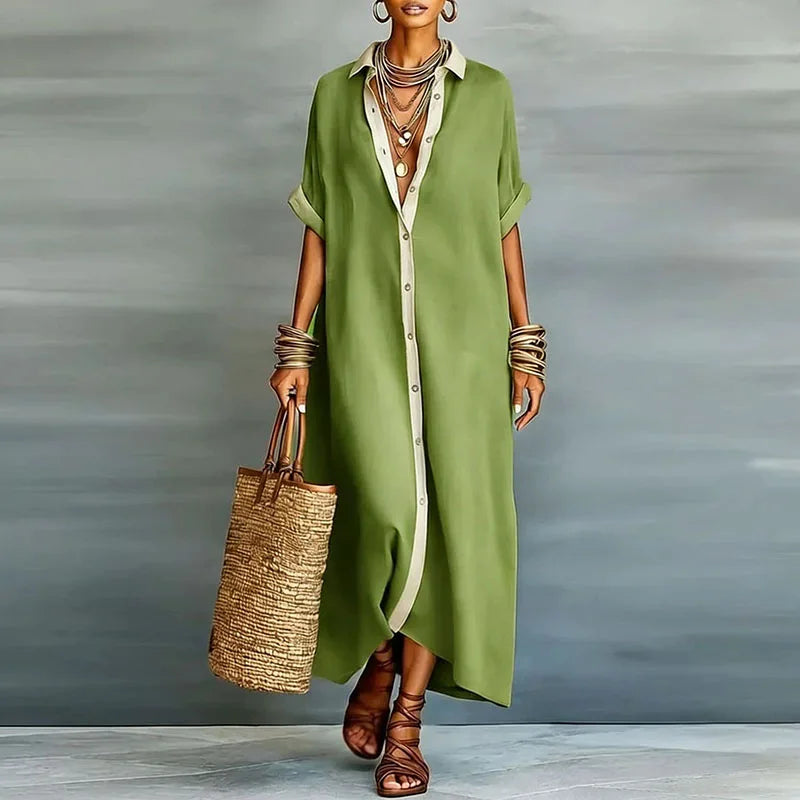 Effortless women's maxi button-down shirt dress, a stylish and comfortable choice for spring and summer versatility.